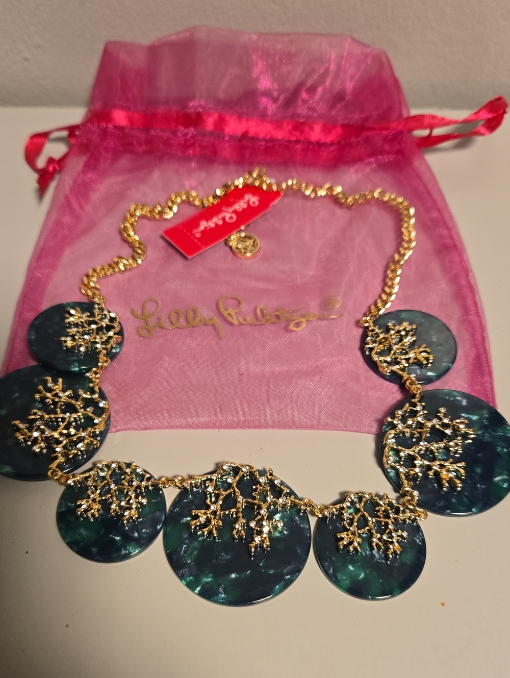 Lilly Pulitzer Teal Marbled Disc Necklace with Gold Chain - Picture 4 of 4